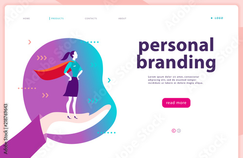 Vector web page template - personal branding, business communication, consulting, planning. Landing page design. Business lady standing as super hero on human hand. Web banner, mobile app illustration