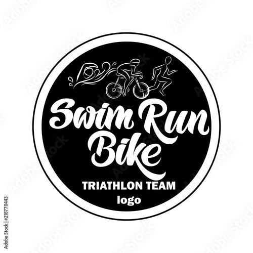 Triathlon hand drawn lettering, quote: Swim, Bike, Run. Triathlon team logotype with sportsmen icons For motivation poster, banner, icon. For sport club, triathlon team, outdoor event