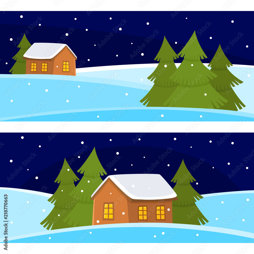 Vector Christmas banner of сute cartoon landscapes with house and fur tree.