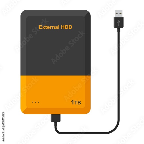 External hard disk drive with USB cable isolated on white background. Portable extern HDD. Memory drive vector illustration