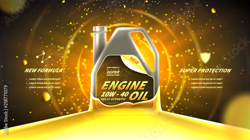 Motor oil advertisement background. Vector illustration with realistic canister and engine oil on bright background. 3d ads template.