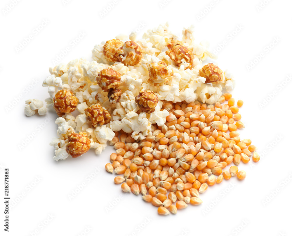 Delicious popcorn and kernels on white background Delicious popcorn and kernels on white background