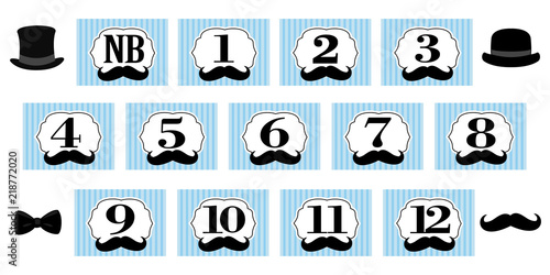 Little Man theme. 1-12 months, newborn photo banner. First birthday party for gentleman. Blue backdrop with stripes, black hat, mustache and bowtie. Set of  vector frame for scrapbook and invite card