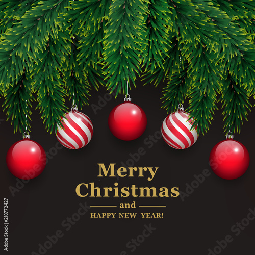 Christmas background with fir branches and red balls. Vector illustration. 