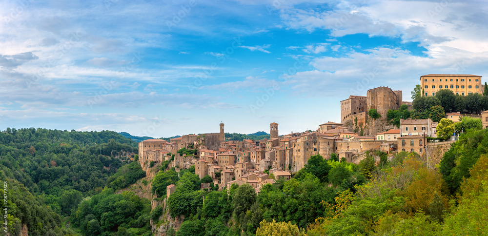 Panorama of the picturesque medieval village of Sorano located on a hill, Tuscany. Italy