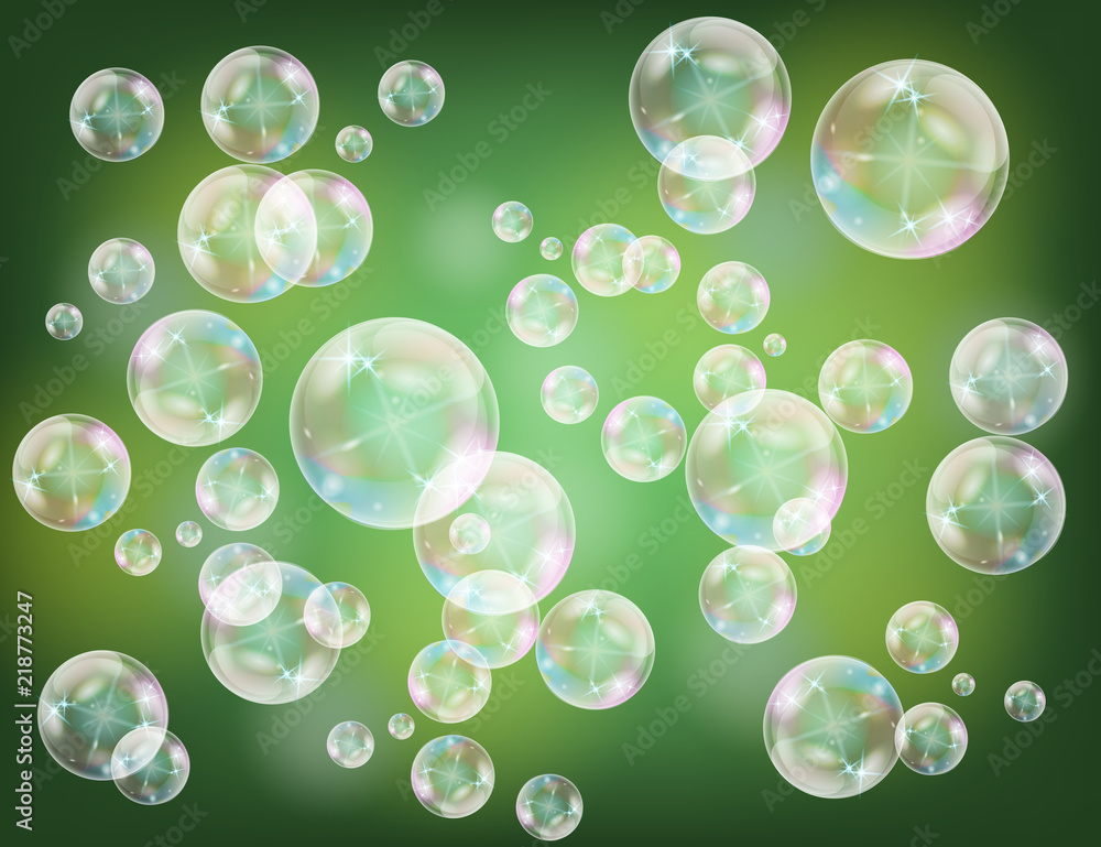 Realistic soap bubbles with rainbow reflection set isolated on the green sparkling background Realistic soap bubbles with rainbow reflection set isolated on the green sparkling background