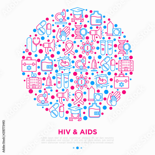 HIV and AIDs concept in circle with thin line icons: safe sex, blood transfusion, syringe, AIDs ribbon, blood test, microscope, genetic engeering. Modern vector illustration, print media template.