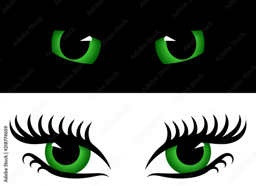 Green cat and human eyes on black and white background Green cat and human eyes on black and white background
