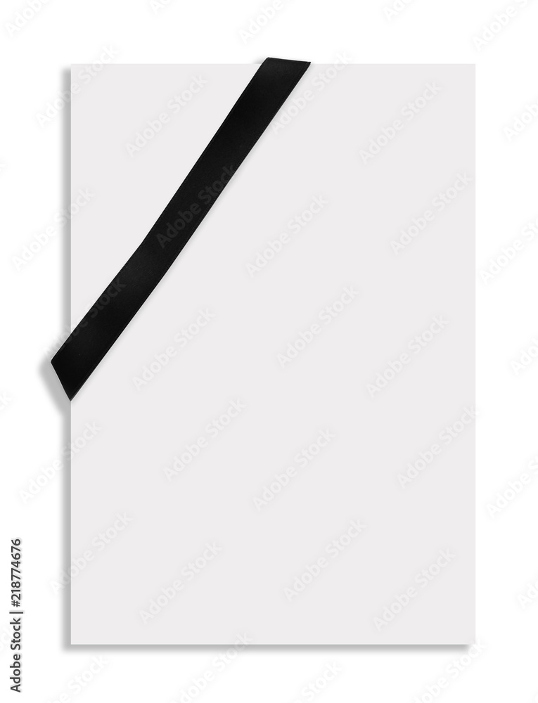 Blank paper card with black satin ribbon on white background Blank paper card with black satin ribbon on white background