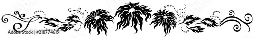 Three black fantasy flowers with leaves and pattern
