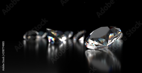 Realistic diamonds on black background  3D illustration.