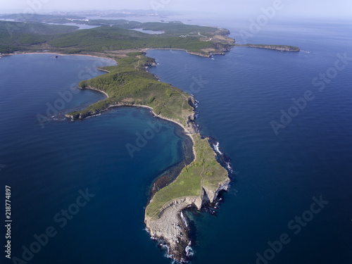 Aerial view of the Japanese Sea and rocks on the island