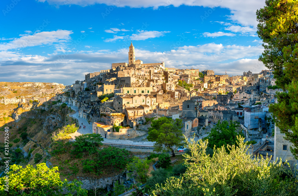 Panorama of the ancient city of Matera at sunset. Italy