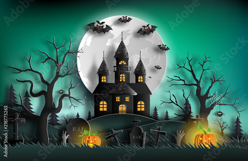 Paper art style of haunted house with tombstones, bats, pumpkins and full moon for banner, poster or background.