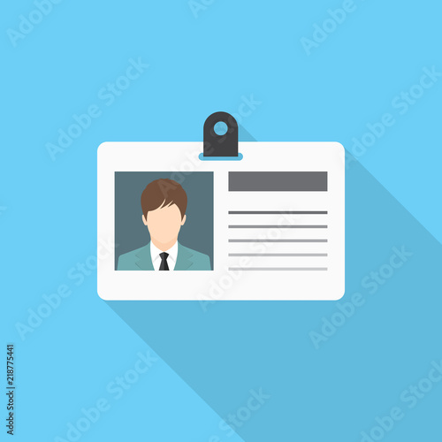 Identification card icon with long shadow on blue background, flat design style