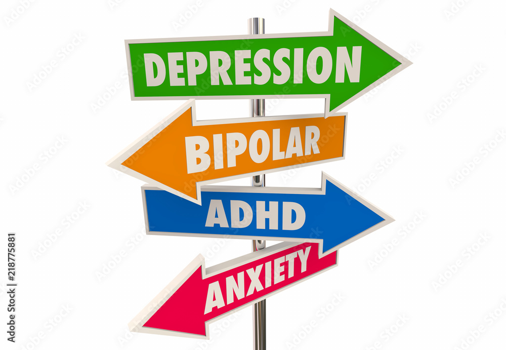 Depression Bipolar Disorder ADHD Anxiety Mental Health Arrow Signs 3d Illustration