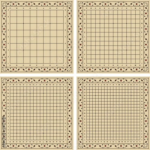 Goban (board for playing go game) - set of 4 boards sizes 9x9, 13x13, 17x17 and 19x19 with floral ornement frame