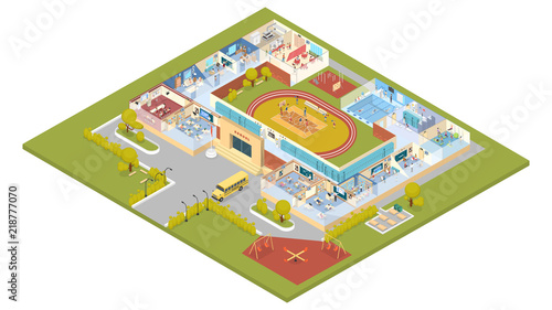 School building interior isometric with yard and bus