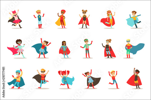 Children Pretending To Have Super Powers Dressed In Superhero Costumes With Capes And Masks Set Of Smiling Characters