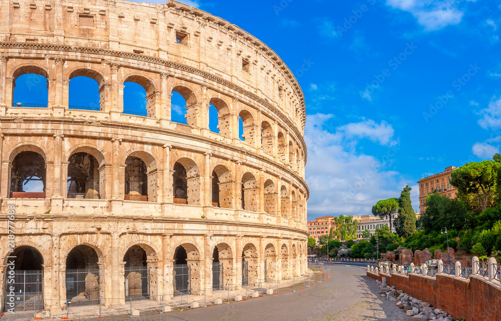 Panorama of the Roman Coliseum, a majestic historical monument, Italy. Europe