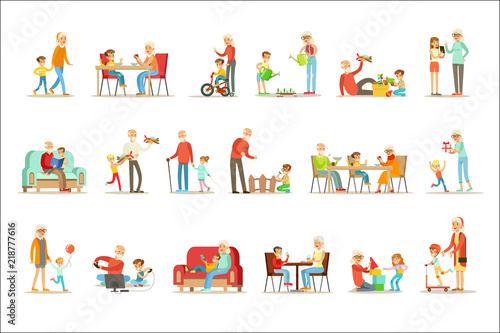Grandfather And Grandmother Spending Time Playing With Grandchildren, Small Boys And Girls With Their Grandparents Set Of Collection