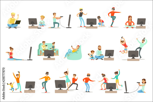 People Playing Video Games With High Tech Technologies Set Of Happy Cartoon Characters