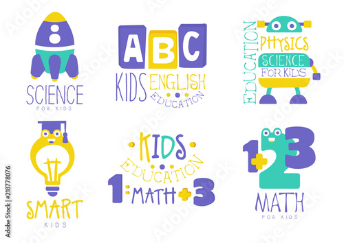 Science for kids logo set, english, physics, math colorful creative badges vector Illustrations on a white background
