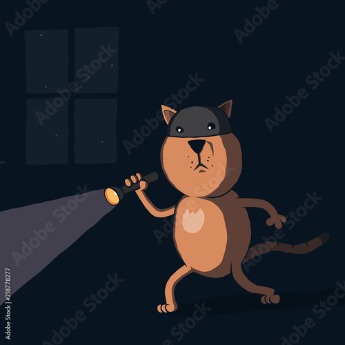 Cartoon cat burglar with flashlight at night. Vector illustration