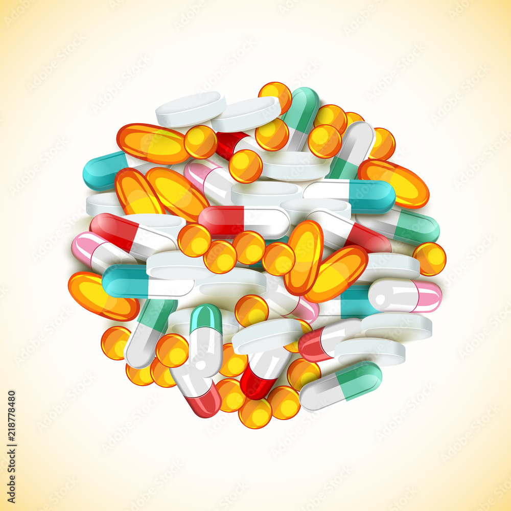 Heap, hill from colorful pills and capsules scattered random Heap, hill from colorful pills and capsules scattered random