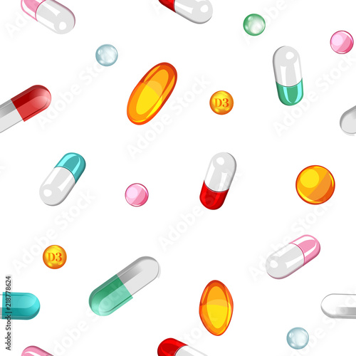 Collection of falling pills and capsules scattered random