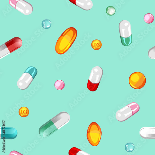 Collection of falling pills and capsules scattered random