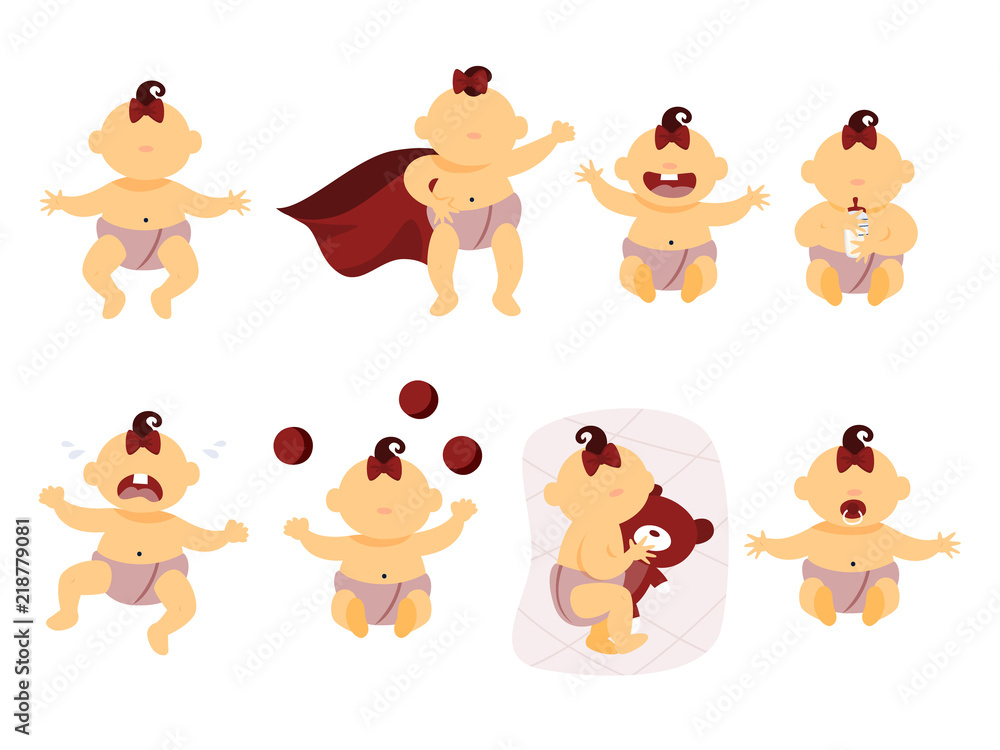Obraz premium Set with little baby girl with different emotions