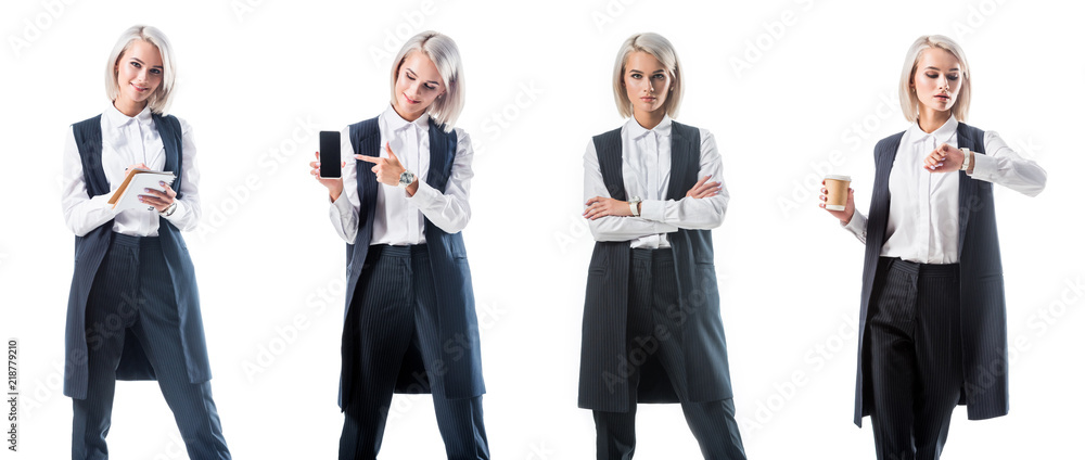 Obraz premium photo collage of businesswoman in formal wear with different objects isolated on white