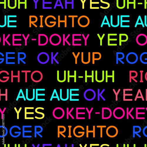 Typography coloured agreement words seamless vector black pattern for wrapping, craft, textile, fabric, poster, cards