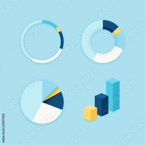 Colorful chart diagram vector set. Ring, pie, donut and column graph blank infographics material flat design element templates on minimal blue background.