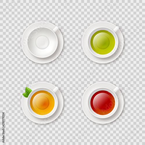 Cup of fresh tea top view realistic vector icon set on transparent background. Black, green and natural herbal tea design element collection with empty teacup mockup template.