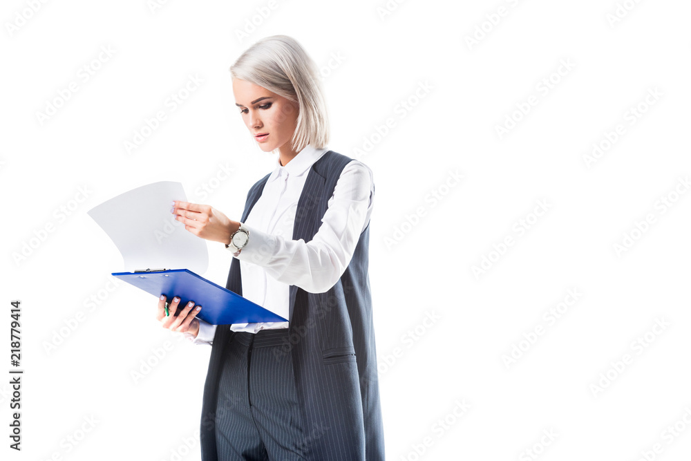 focused businesswoman in formal wear with notepad isolated on white focused businesswoman in formal wear with notepad isolated on white
