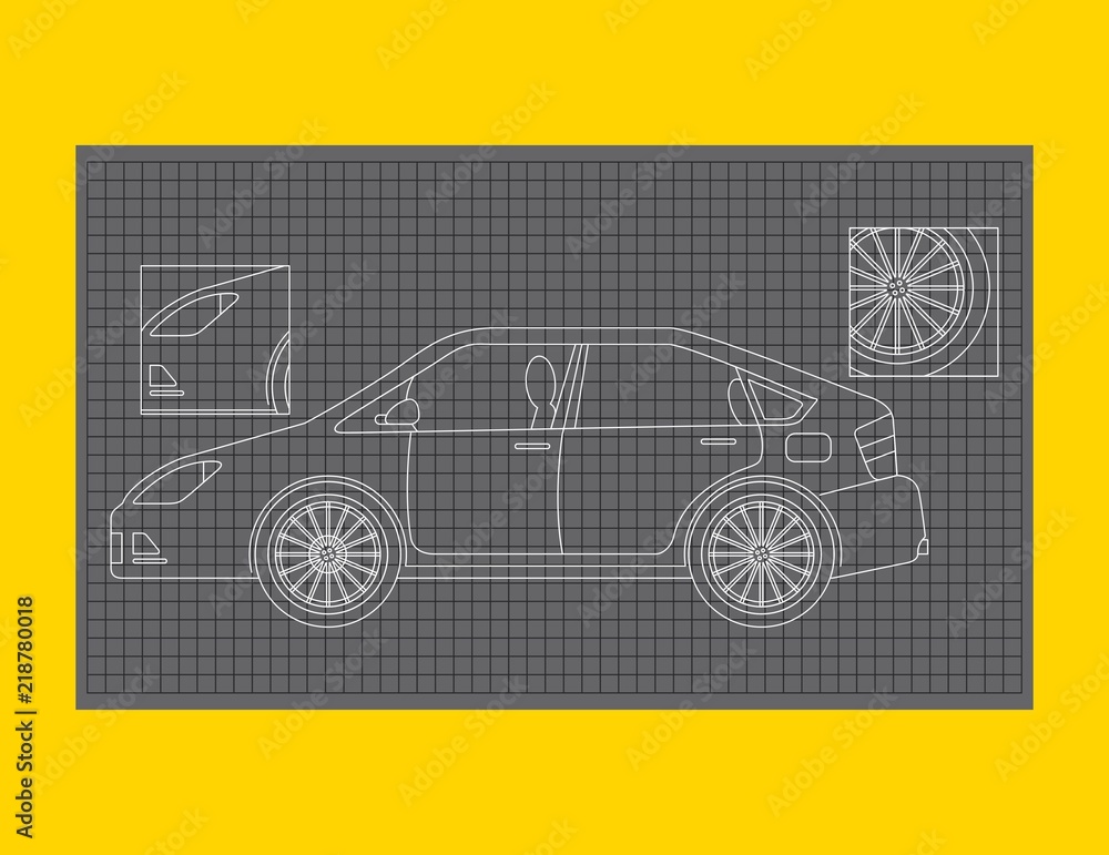 car schematic or car blueprint paper technical drawing