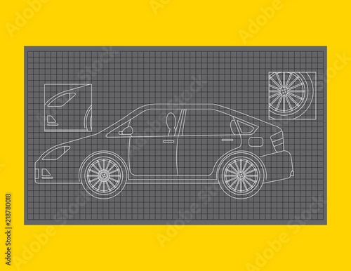 car schematic or car blueprint paper technical drawing