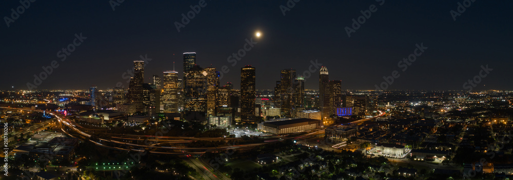 Aerial night panorama Houston Texas city downtown