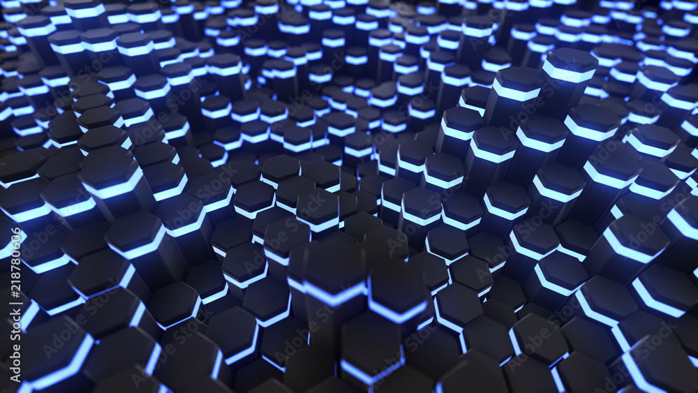 Fototapeta premium Grafika trójwymiarowa Streszczenie sześciokąt z neonowym tłem geometrii