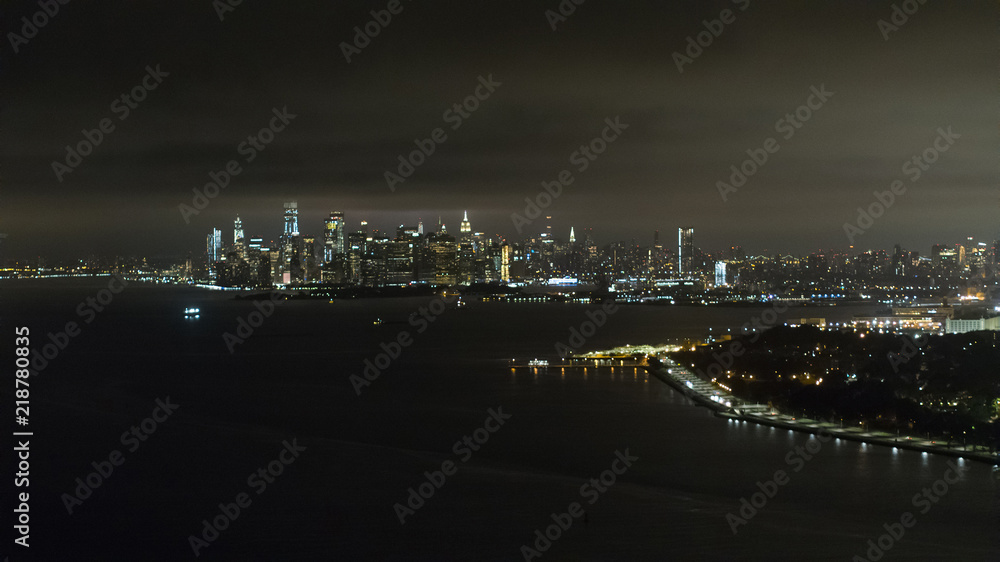 Night aerial image New York City Hudson River
