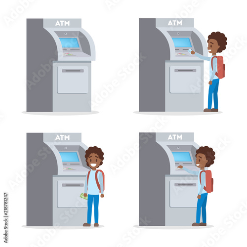 School boy using ATM machine to get money