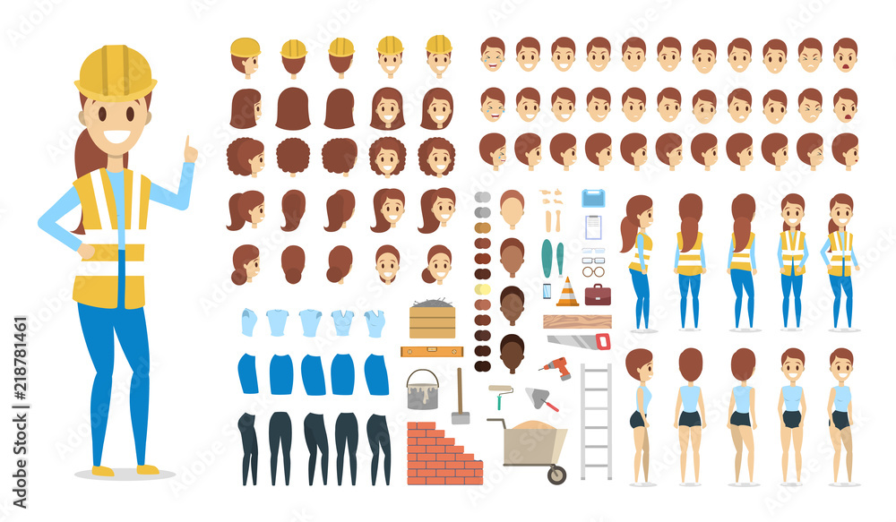 Cute female builder character set for animation Cute female builder character set for animation