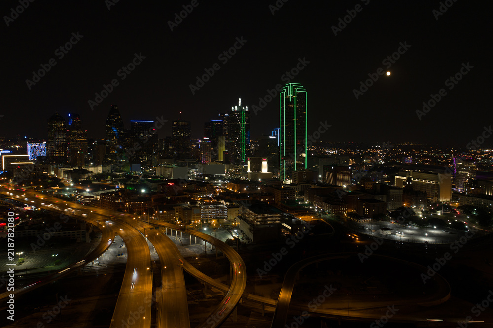 Aerial night photo Downtown Dallas Texas big American city