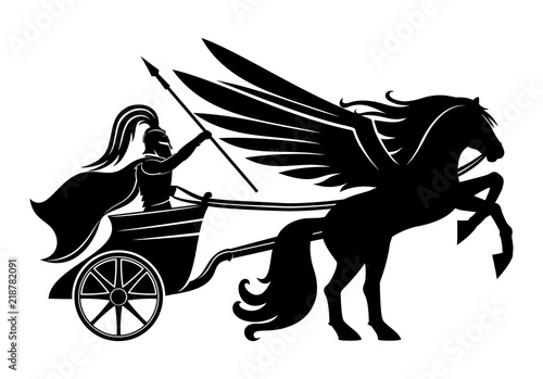 Pegasus and an ancient warrior with a spear in his chariot.