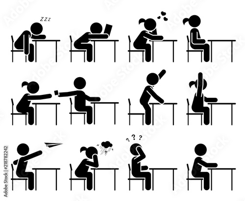 School days. School children. The students sit in the classroom and listen to the lessons. Pictogram icon set.