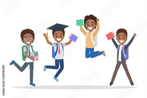 Set of cute little jumping school kids