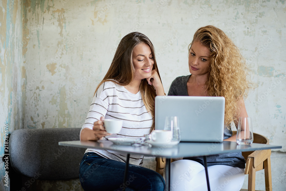 Two women sitting in cafe and using laptop for shopping on line. On the table glasses of water and coffee cups. Two women sitting in cafe and using laptop for shopping on line. On the table glasses of water and coffee cups.