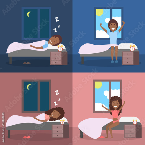 Set of woman and man sleeping in bed and waking up
